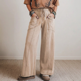 Pantalon large en coton délavé à taille haute, cordon et poches plaquées