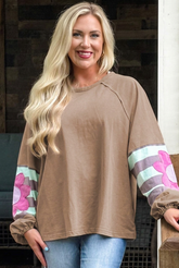 Light French Beige Floral Stripe Patchwork Puff Sleeve Loose Sweatshirt