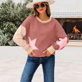 Sweat-shirt patchwork étoile contrasté rose