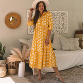 Robe chemise longue jaune fleurie à manches bracelet