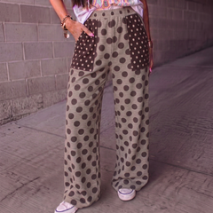 Pantalon large marron à pois et poches plaquées contrastées