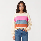 Sudadera blanca con cuello redondo y hombros que caen en bloque de color de mosaico