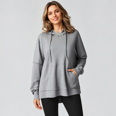Grey Waffle Knit Fleece Lined Oversized High Low Hoodie