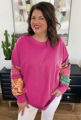 Sweat-shirt grande taille rose à manches patchwork léopard et feuilles