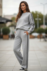 Ensemble actif de sweat-shirt à rayures latérales de couleur unie gris clair