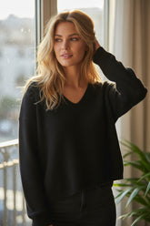 Pull en maille douce à col en V Noir