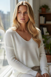 Pull en maille douce à col en V Blanc