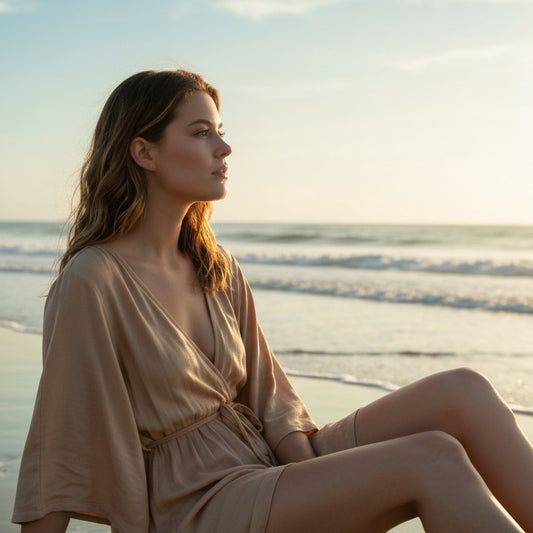 Jeune femme chic en robe bohème sur plage californienne au coucher du soleil, illustrant le guide ultime du style bohème cali