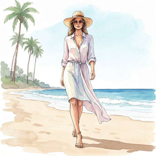 Secrets mode femme Californie 2026: illustration aquarelle d'une femme stylée sur une plage ensoleillée.