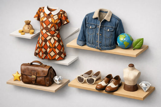 Rendu 3D isométrique ludique montrant les avantages d'acheter des vêtements vintage: style unique, durabilité et économies.