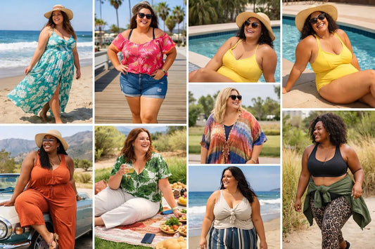 Vêtements femme grande taille style californien: collage de femmes souriantes en tenues décontractées et colorées au soleil.