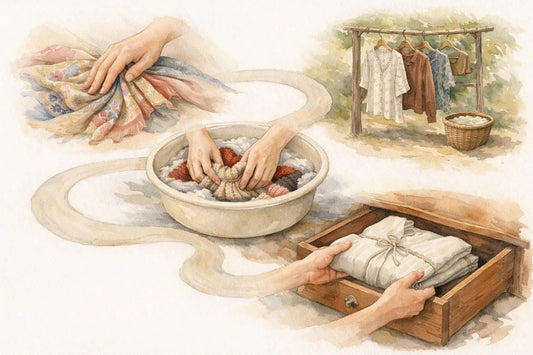Illustration aquarelle douce montrant comment entretenir ses vêtements vintage en 5 étapes: brossage, lavage, séchage, rangem