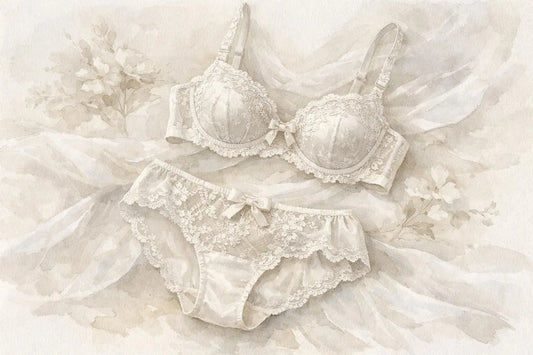 Illustration aquarelle de sous-vêtements luxe en dentelle et soie pour mariage, évoquant les tendances élégantes de 2026.