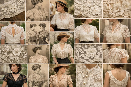 Collage de photos vintage de divers top femme dentelle vintage, mettant en valeur leur élégance authentique.