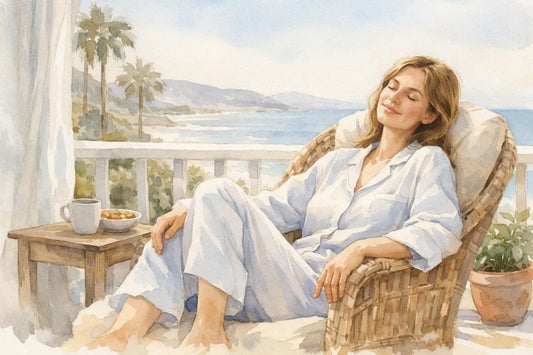 Illustration d'un pyjama femme coton bio style californien pour des nuits douces et confortables.