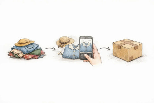 Guide pour vendre vêtements vintage en ligne en 2026: étapes dessinées, de la préparation à l'expédition.
