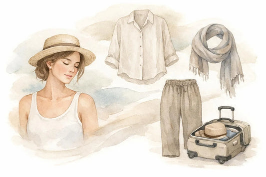 Illustration aquarelle: vêtements femme élégants pour voyager léger, garde-robe capsule minimaliste et pratique pour l'aventu