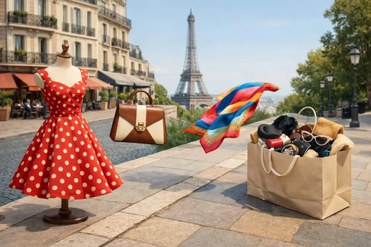 Illustration 3D isométrique de mode vintage parisienne pour femme, avec vêtements et accessoires stylisés devant la Tour Eiff