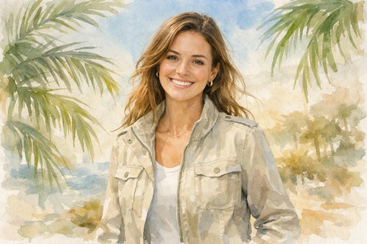 Veste femme tendance californie. Illustration aquarelle d'une femme rayonnante en veste stylée, style californien.