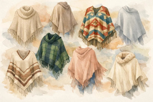 Illustration aquarelle de ponchos femme variés, symbolisant les meilleures adresses pour les trouver.