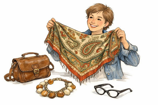 Croquis amical d'une personne trouvant des pièces vintage uniques, révélant un style personnel authentique.