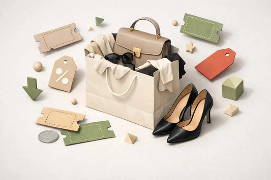 Code promo A WOMAN WE LOVE: Sac shopping, vêtements stylés et cartes de réduction en 3D isométrique.