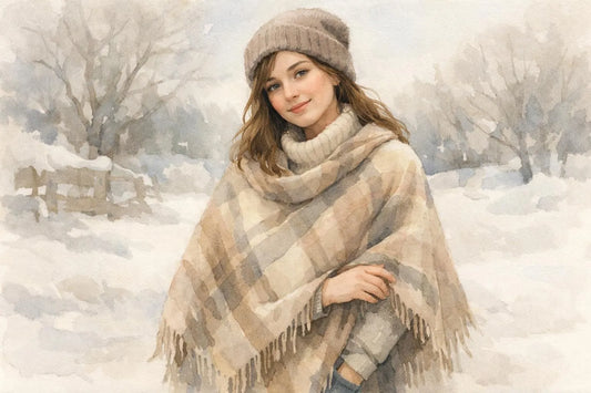 Illustration aquarelle d'une femme vêtue d'un poncho femme hiver chaud et stylé, idéal pour une garde-robe transformée.