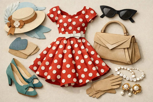 Illustration papier d'une robe, sac et lunettes vintage, représentant les meilleures adresses vintage femme Marseille.