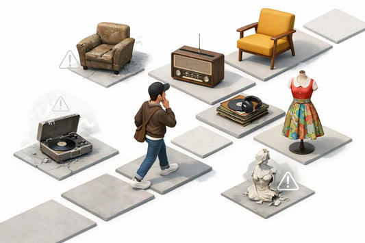 Personnage ludique en 3D isométrique évitant les erreurs courantes lors de l'achat d'objets vintage. Guide pour ne jamais reg