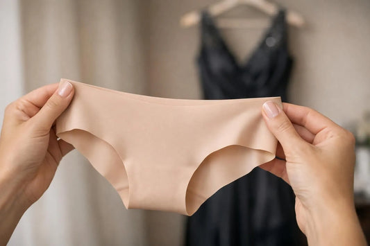 Lingerie invisible pour robe de soirée: mains tenant lingerie seamless devant robe élégante. Sublimez votre tenue.