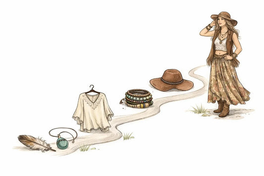 Comment créer un look signature bohème: illustration dessinée montrant une progression de 5 éléments de style bohème.