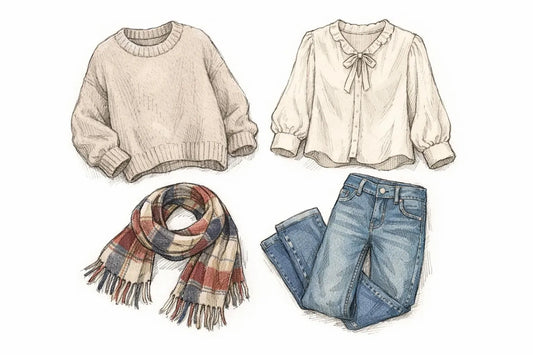 Idées cadeaux vêtements femme : croquis d'un pull, blouse, écharpe et jean. Parfait pour un cadeau réussi.