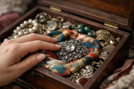 Main choisissant accessoires vintage uniques dans une boîte, illustrant les meilleurs sites de vente vintage.