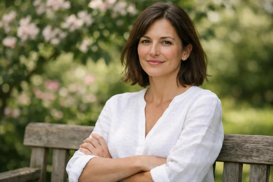 Blouse en lin femme pour l'été, style estival chic et élégant, jardin fleuri.