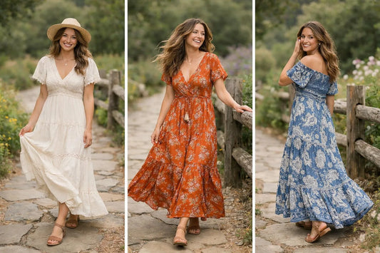 Femme en maxi dress bohème sur un chemin de pierre, essayant différentes tenues avec un fond naturel flou.