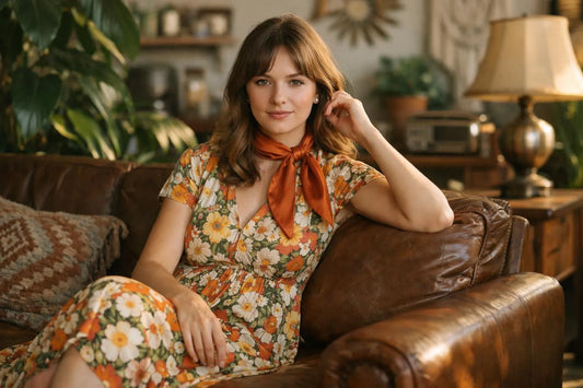 Femme en robe vintage avec décorations rétro, tendances à ne pas manquer pour un style rétro moderne.