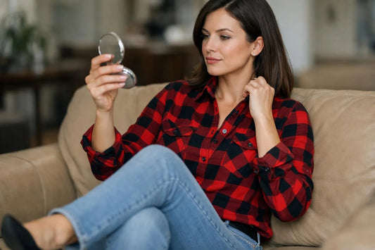 Chemise à carreaux femme rouge et noir, portée avec style et élégance, accessoirisée avec un jean clair et des chaussures noi