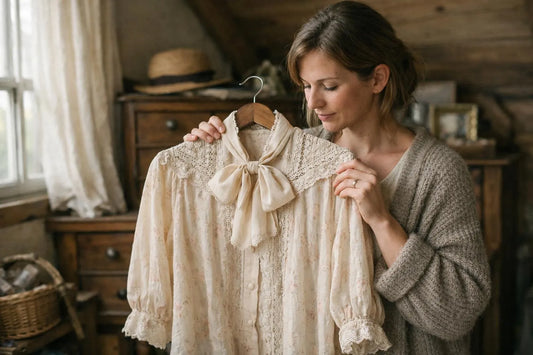 Blouse femme col lavallière vintage, femme tenant une chemise à col lavallière antique.