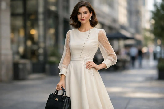 femme en robe vintage moderne chic dans décor urbain
