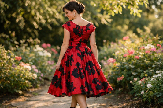 Robe vintage femme années 50 rouge fleurs noires jardin fleuri élégance intemporelle