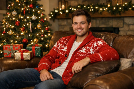 "Un homme en cardigan rouge à motifs de neige assis sur un canapé dans un salon décoré pour Noël"