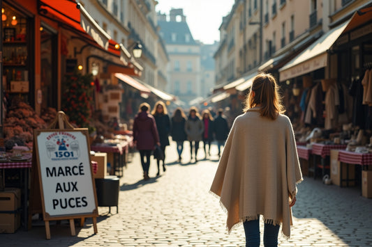 Une femme explore les vêtements vintage dans une ruelle menant au Marché aux Puces.