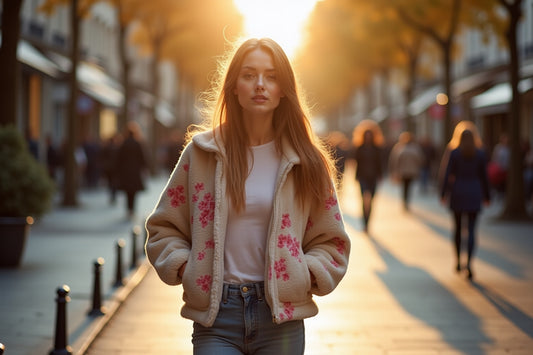Femme en polaire fleurs femme marchant dans une rue parisienne, conseils de style pour porter cette pièce tendance