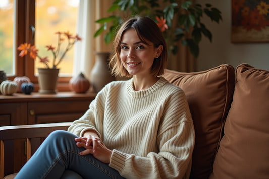 "Femme portant un pull en laine doux californien, confortablement assise sur un canapé en bois, entourée de décorations autom