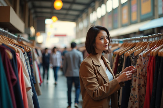 Femme sélectionnant vêtements tendance chez grossiste prêt-à-porter, marché wholesale