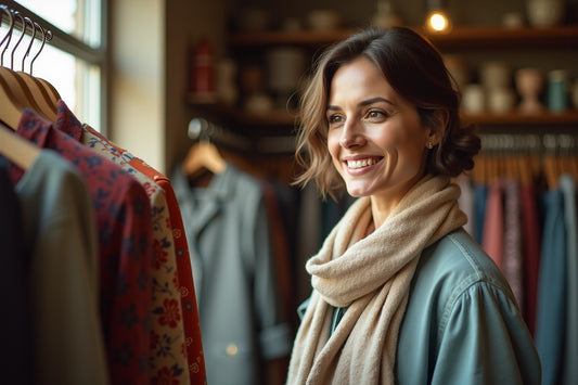 Femme élégante en vêtements vintage grande taille dans une boutique de seconde main