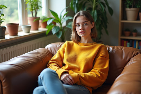Femme en sweat en velours confortable dans un salon moderne