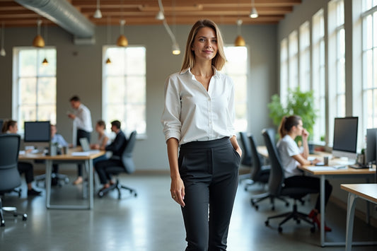 Femme en tenue décontractée chic au travail dans un bureau moderne