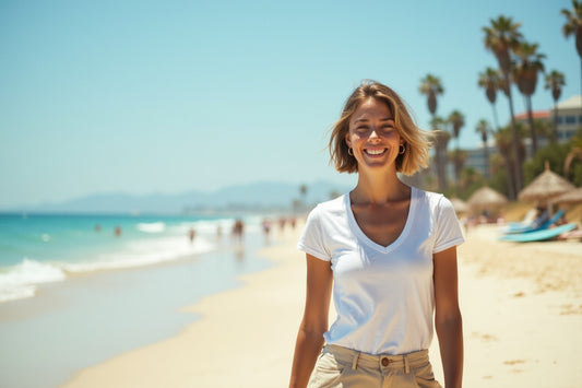 Femme californienne en tenue décontractée sur une plage ensoleillée, incarnant les secrets de la mode californienne.