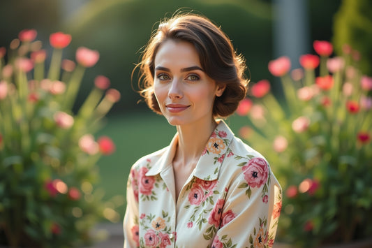 Chemisier femme motif floral vintage, style raffiné, femme élégante dans un jardin fleuri.